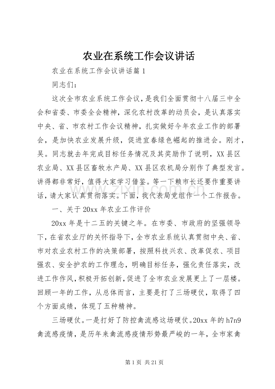 农业在系统工作会议讲话.docx_第1页