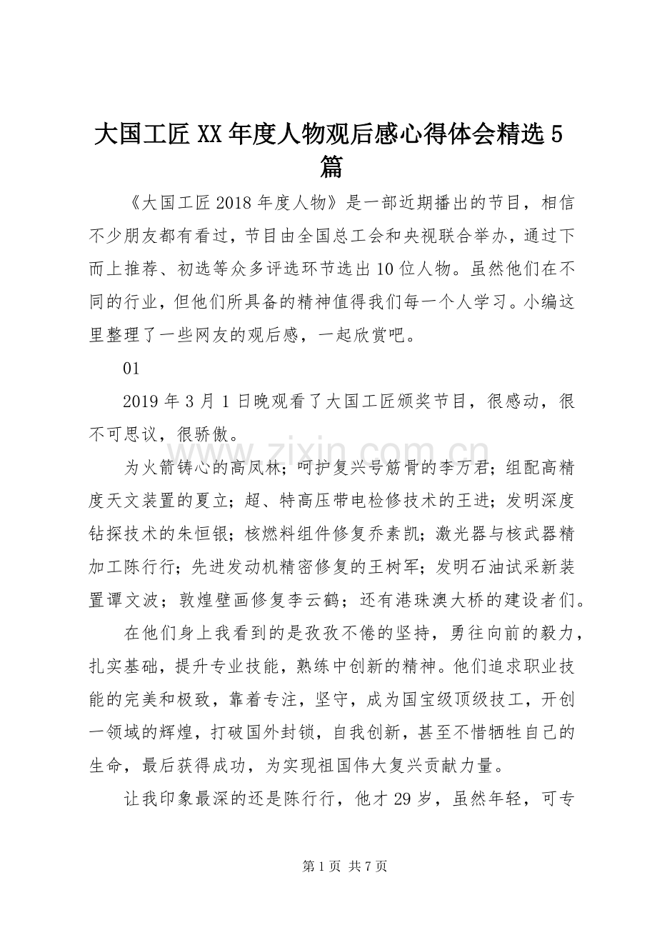 大国工匠XX年度人物观后感心得体会5篇.docx_第1页