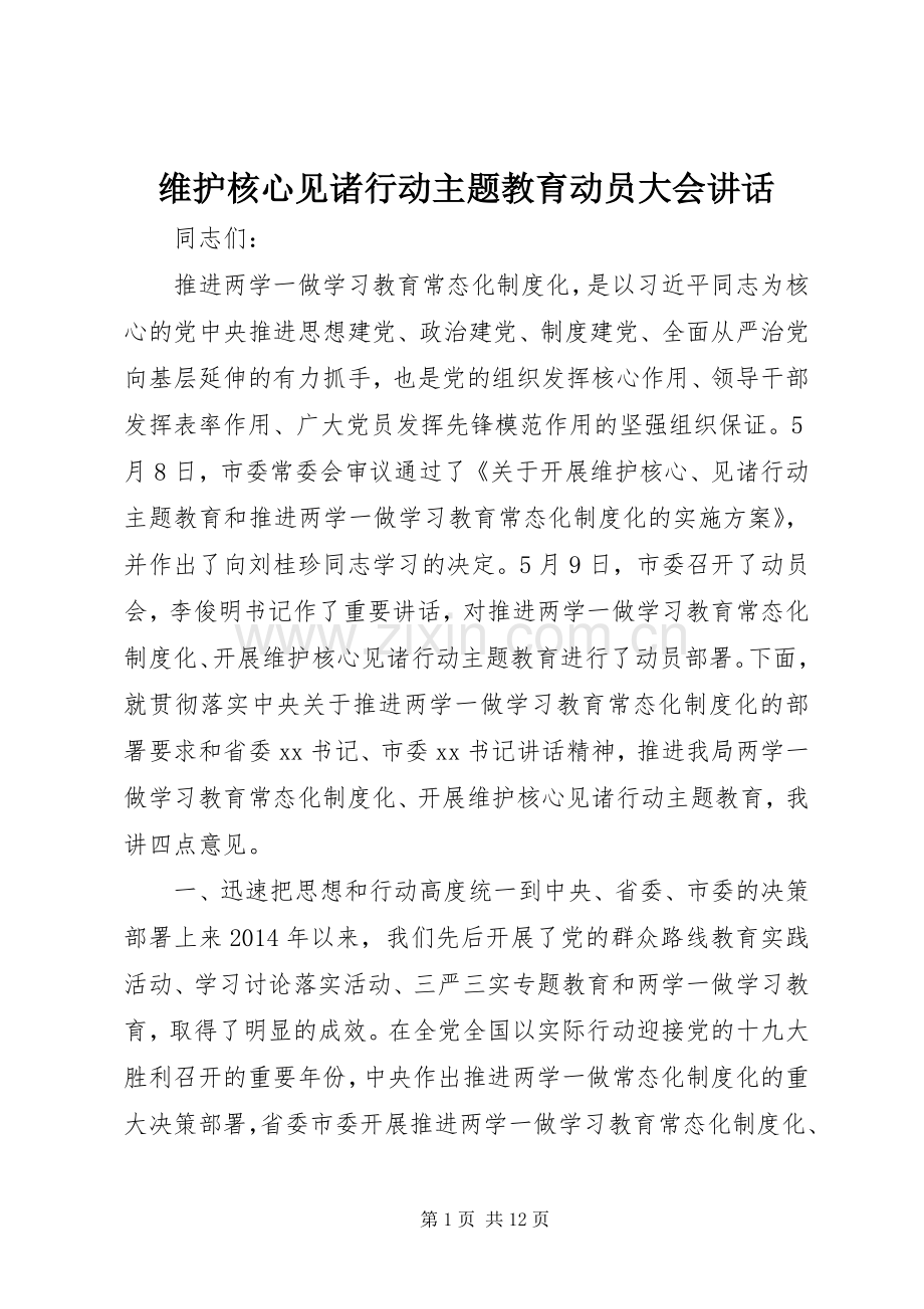 维护核心见诸行动主题教育动员大会讲话.docx_第1页