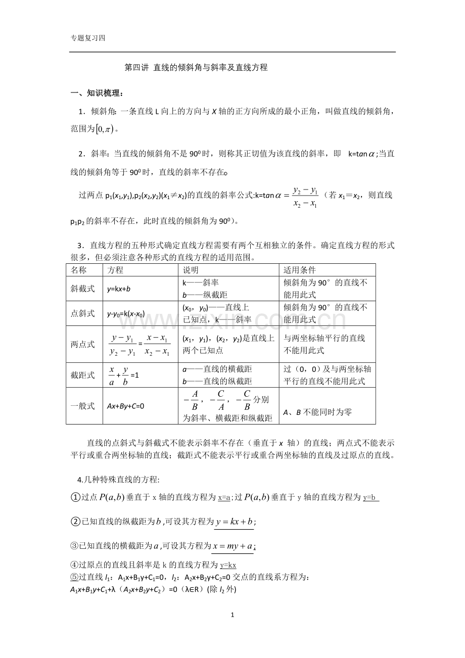 直线的倾斜角与斜率及直线方程(教师版)1.doc_第1页