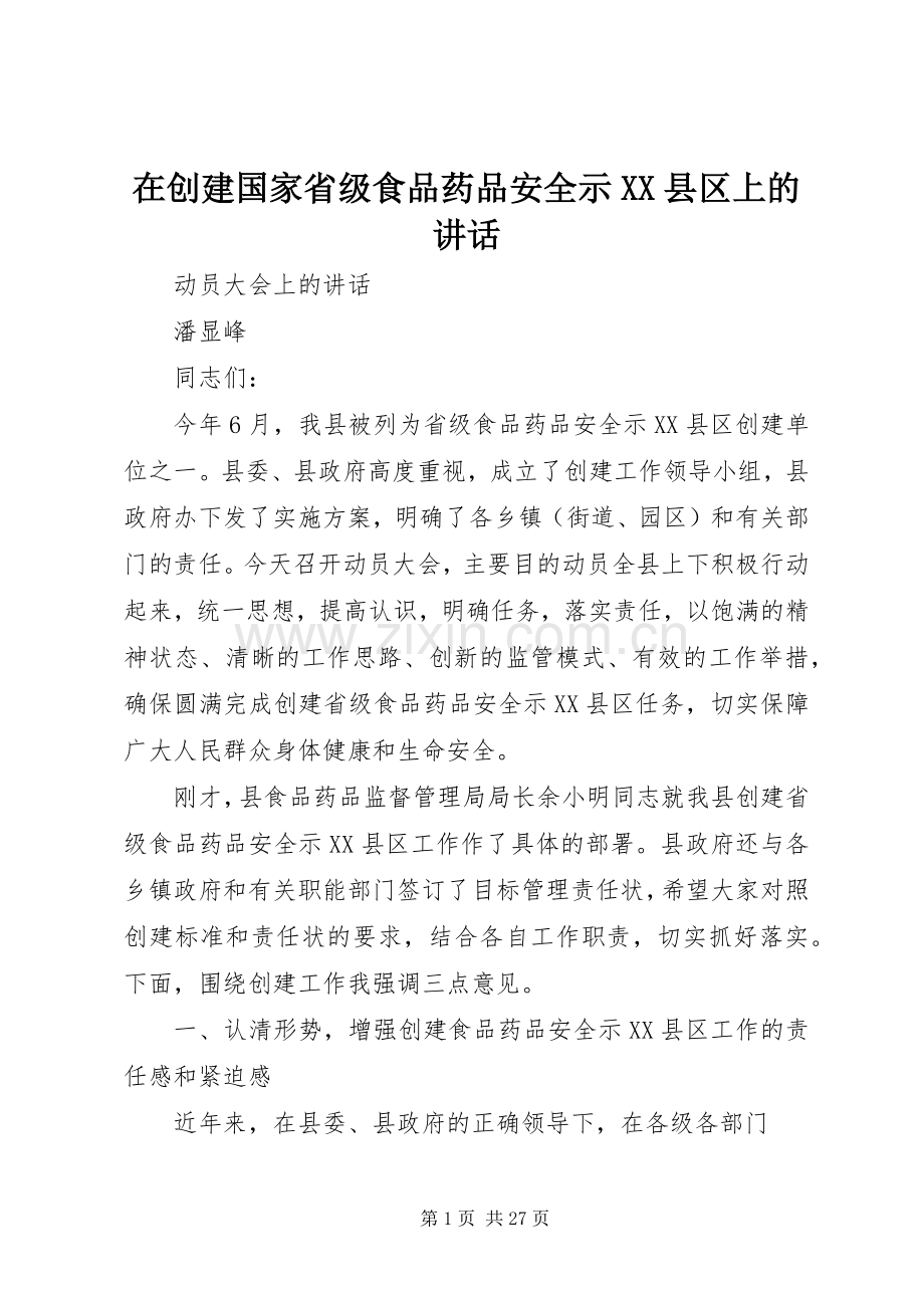 在创建国家省级食品药品安全示XX县区上的讲话.docx_第1页