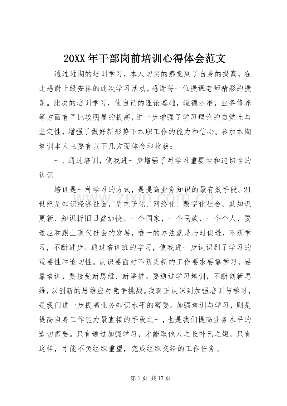 20XX年干部岗前培训心得体会范文.docx_第1页
