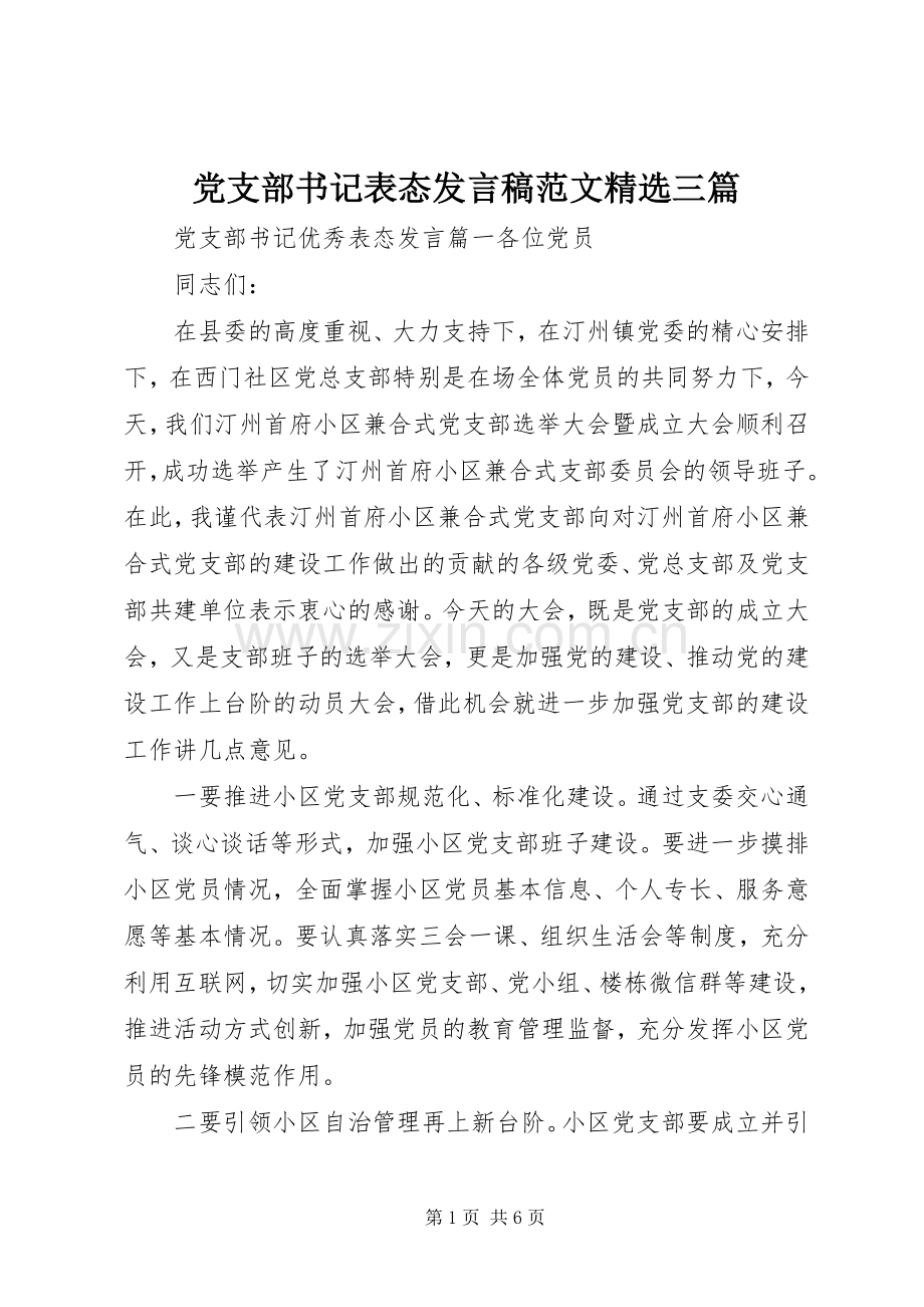 党支部书记表态发言稿范文三篇.docx_第1页
