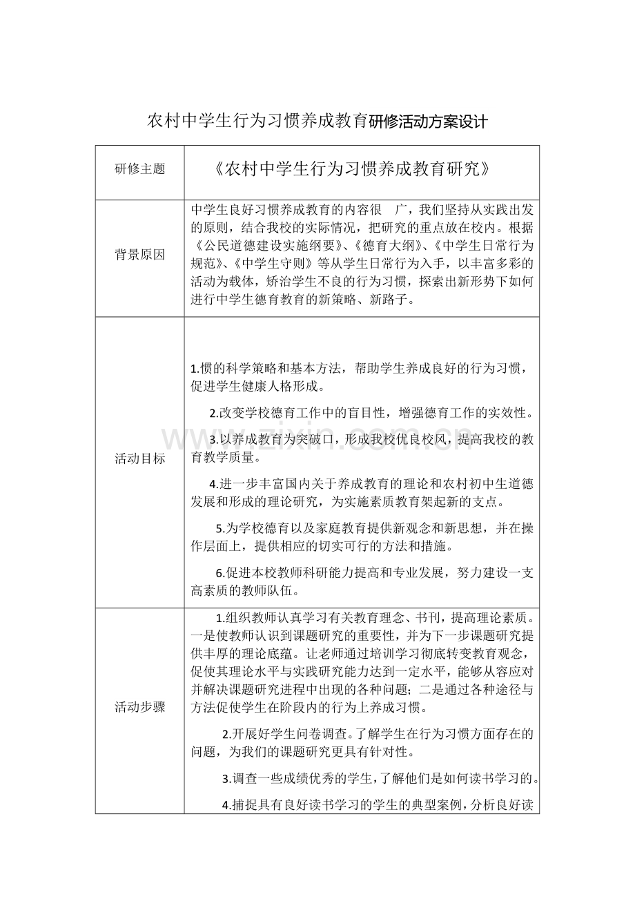 农村中学生行为习惯研修活动设计方案.docx_第1页