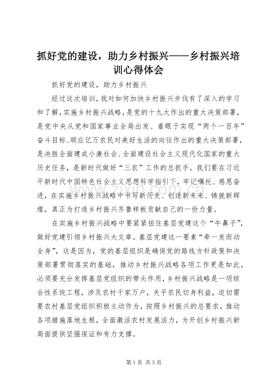 抓好党的建设助力乡村振兴——乡村振兴培训心得体会.docx_第1页