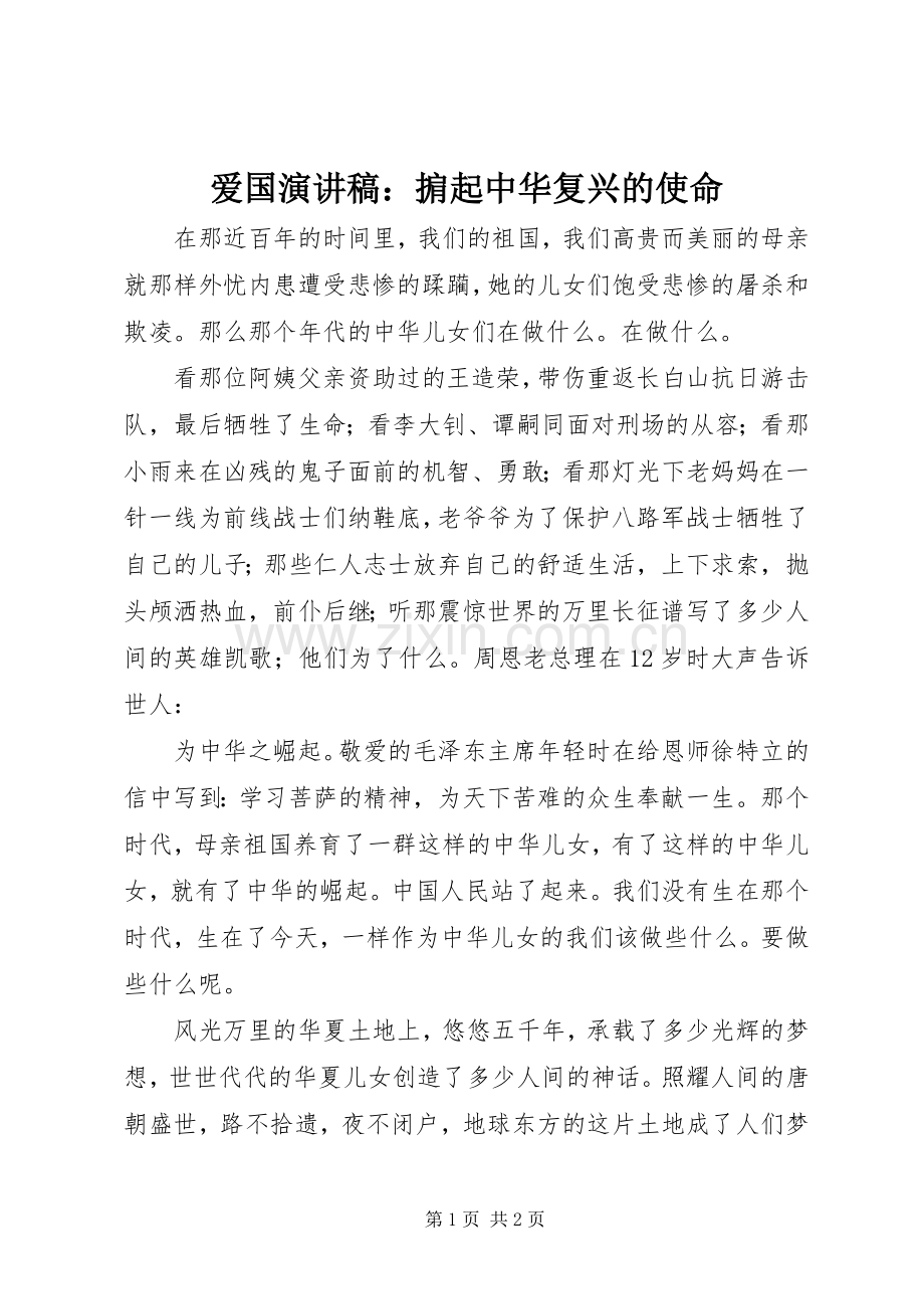 爱国演讲稿：掮起中华复兴的使命.docx_第1页
