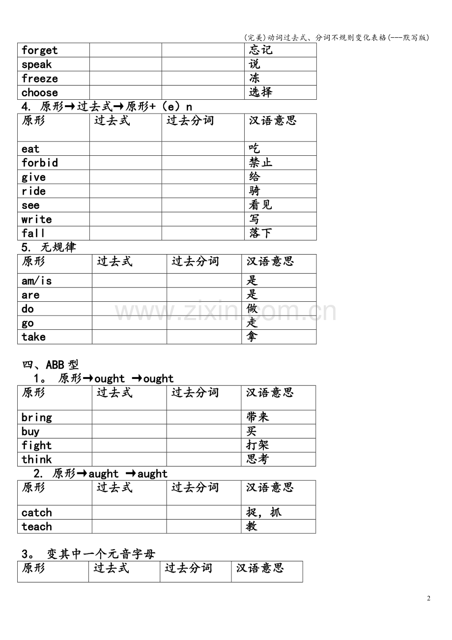 动词过去式、分词不规则变化表格(---默写版).doc_第2页