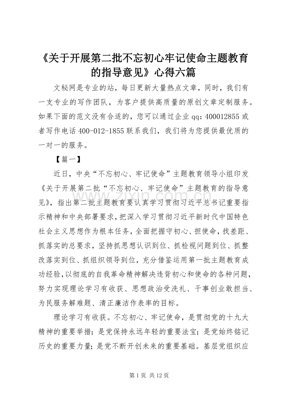 《关于开展第二批不忘初心牢记使命主题教育的指导意见》心得六篇.docx_第1页