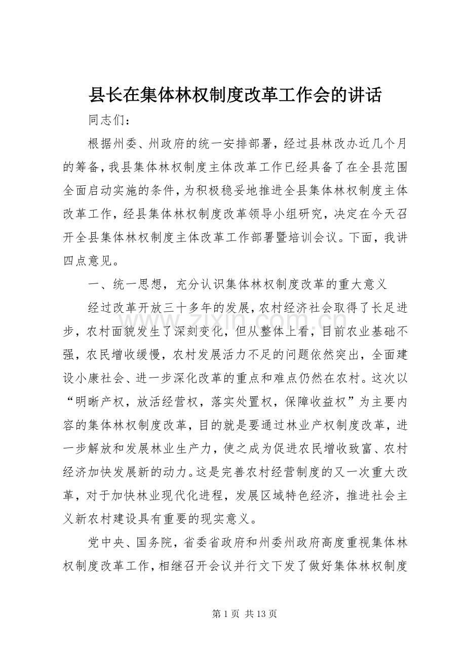 县长在集体林权制度改革工作会的讲话.docx_第1页