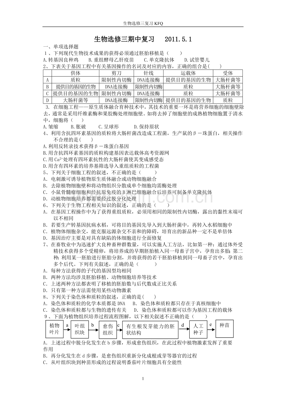 生物选修三试题期中梯度复习综合.doc_第1页