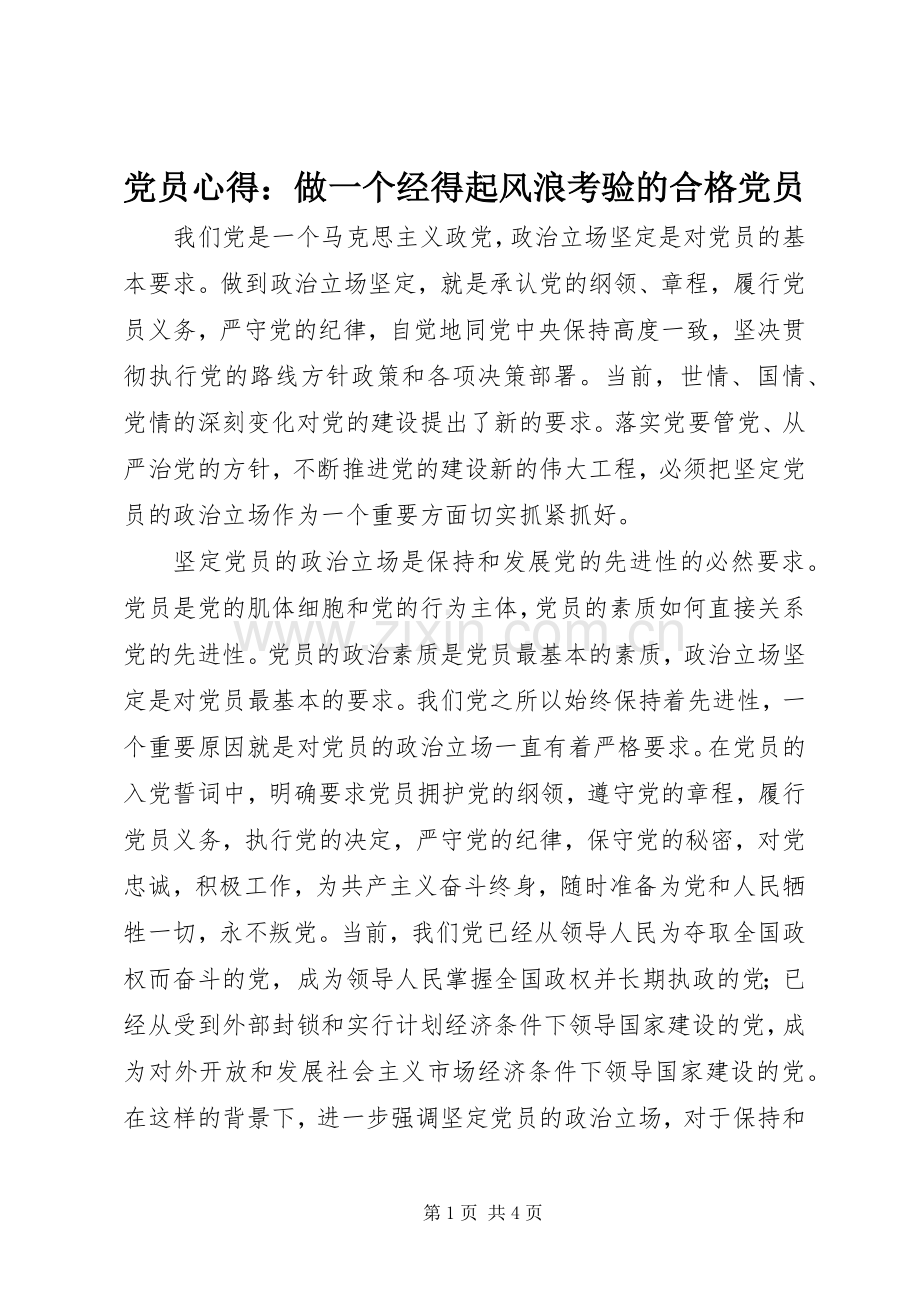 党员心得：做一个经得起风浪考验的合格党员.docx_第1页