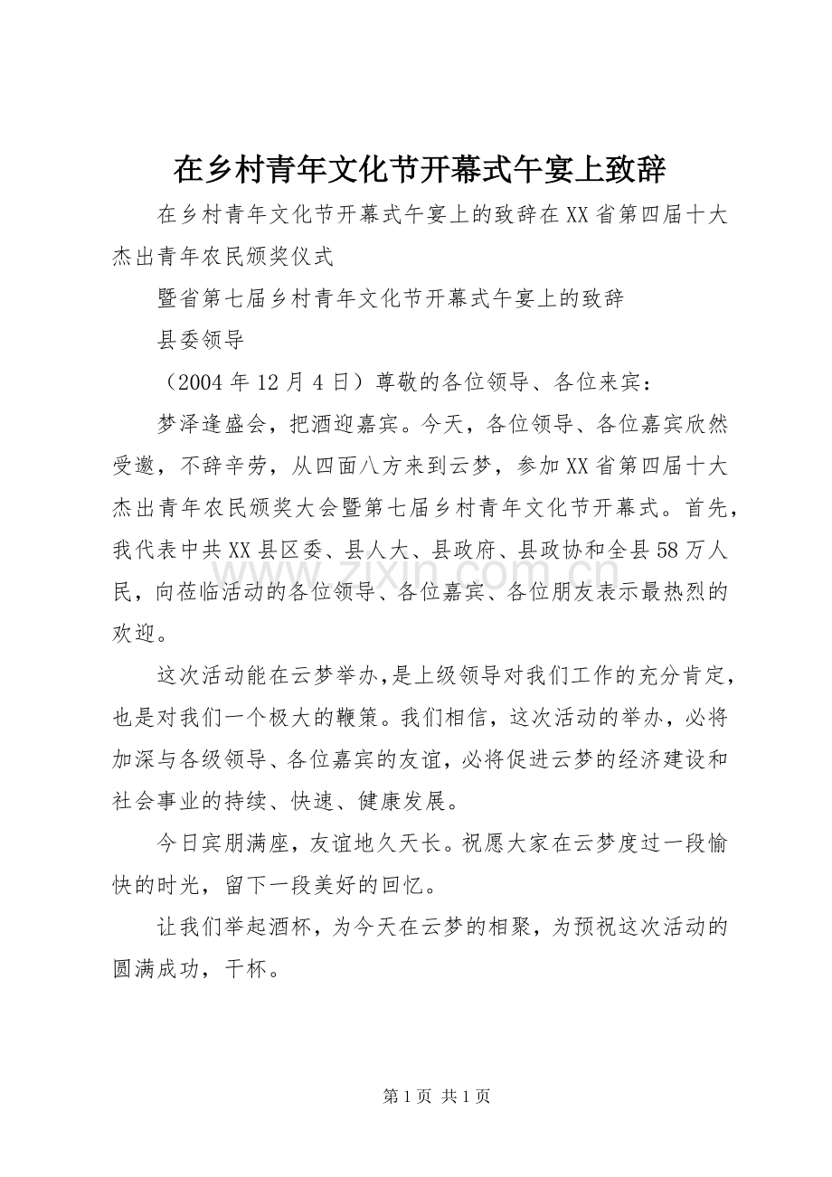 在乡村青年文化节开幕式午宴上致辞.docx_第1页