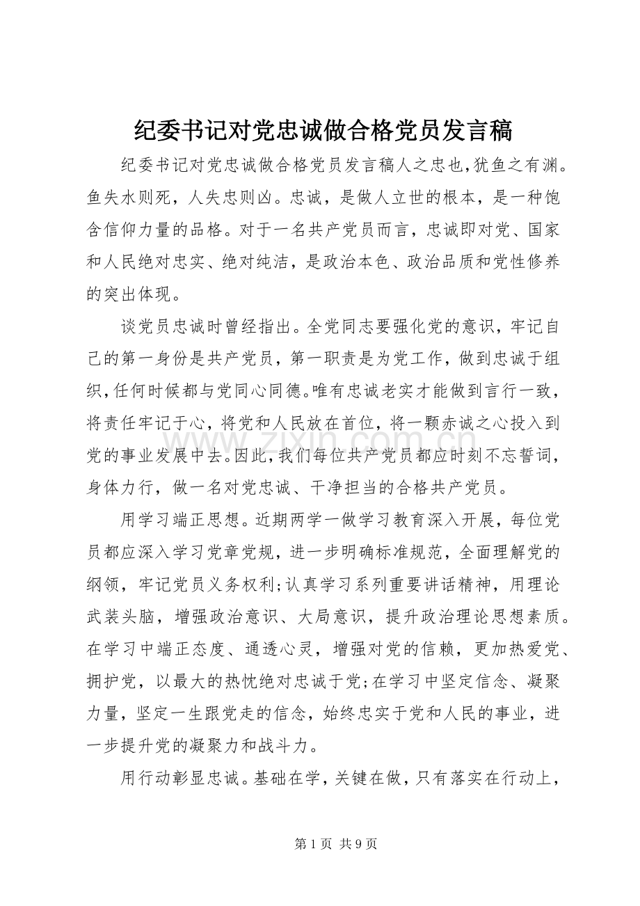 纪委书记对党忠诚做合格党员发言稿.docx_第1页