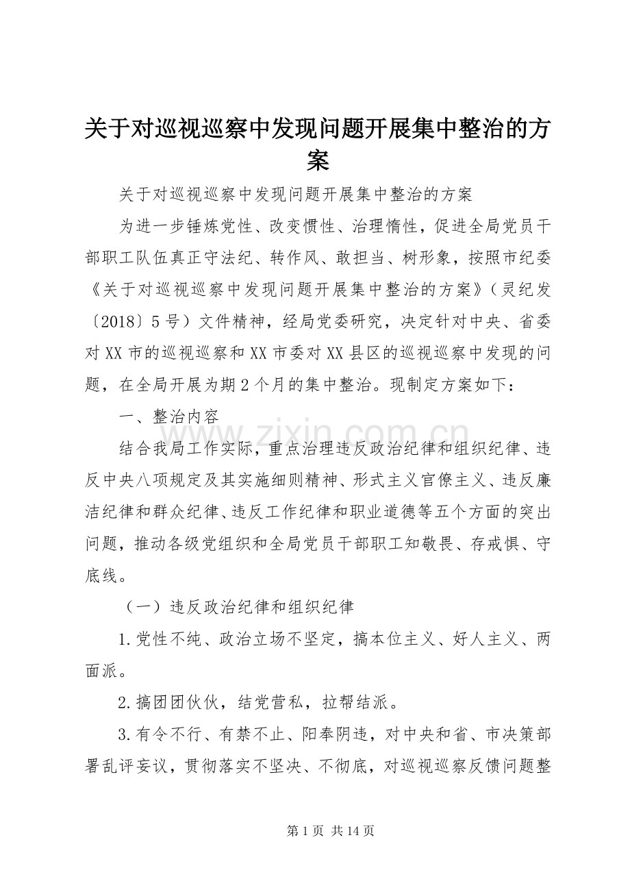 关于对巡视巡察中发现问题开展集中整治的实施方案.docx_第1页