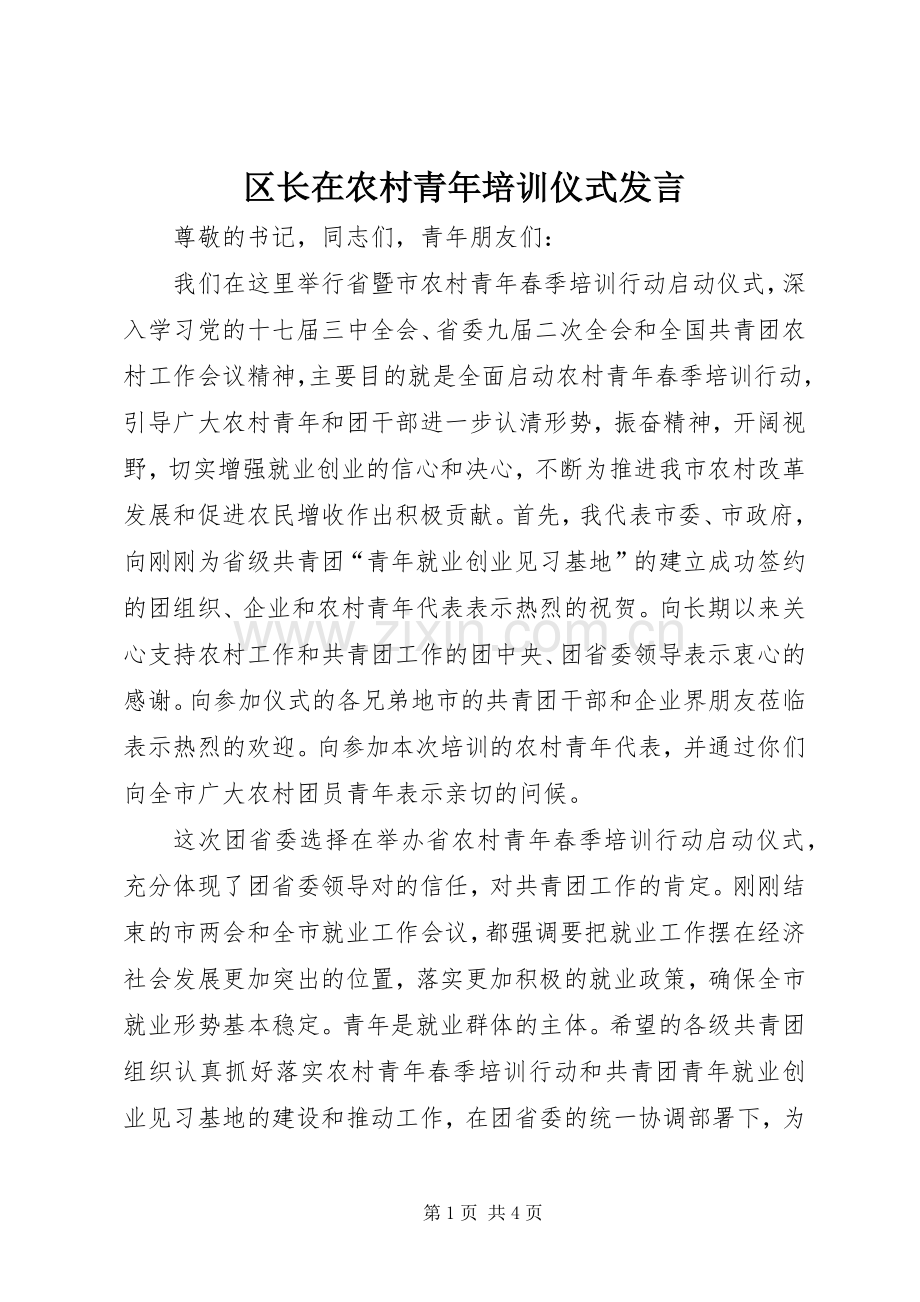区长在农村青年培训仪式发言.docx_第1页