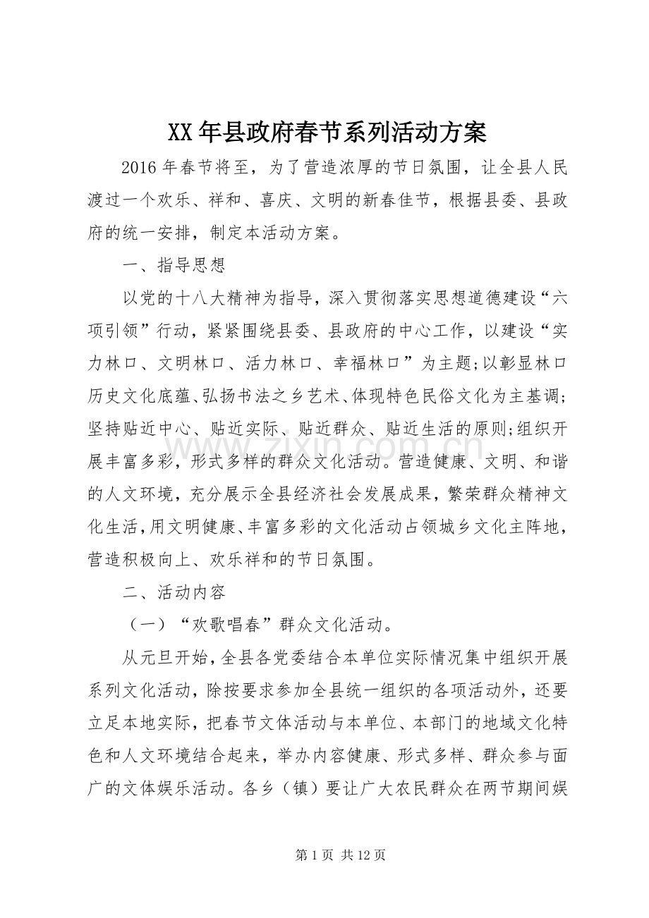 XX年县政府春节系列活动实施方案.docx_第1页