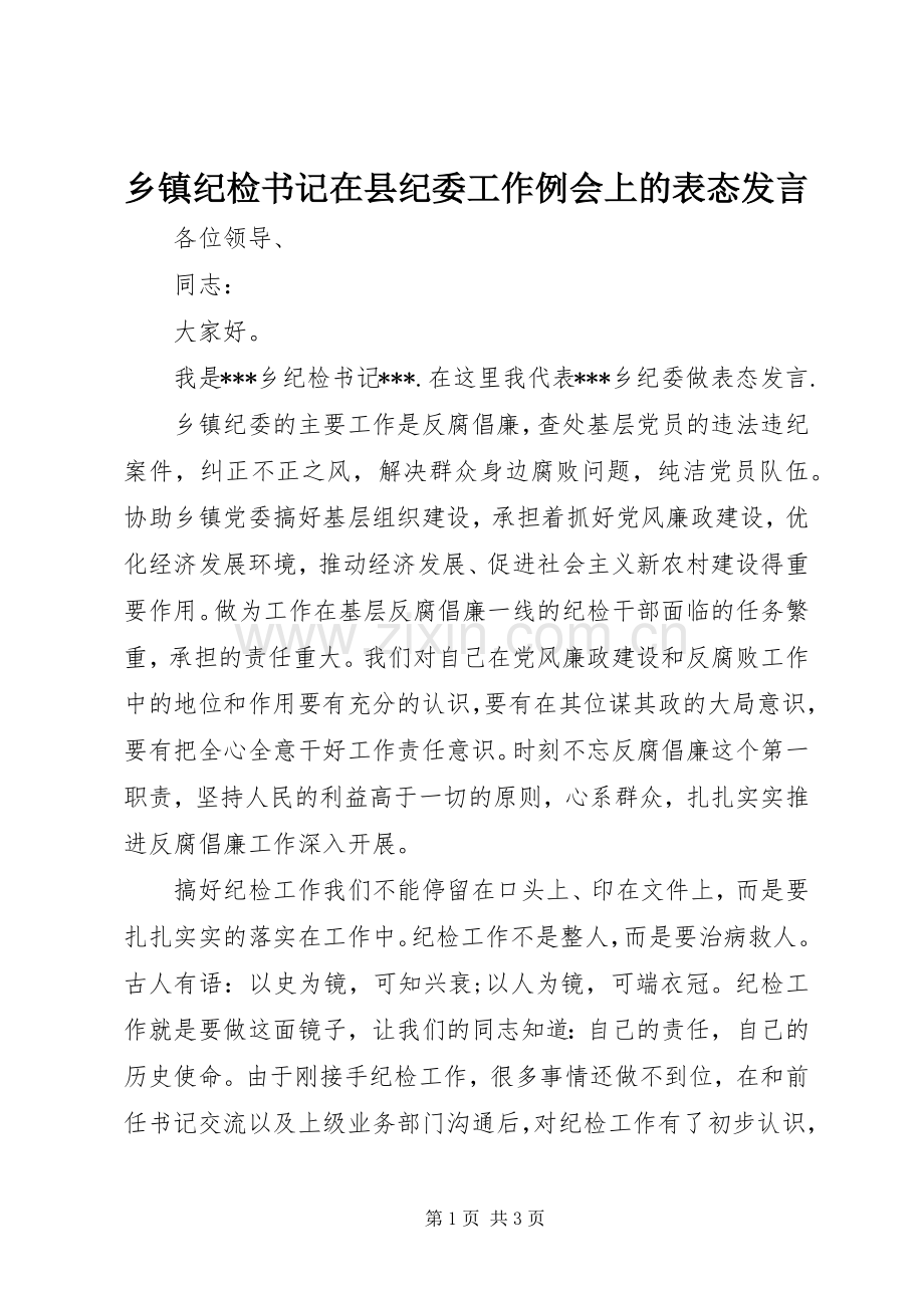 乡镇纪检书记在县纪委工作例会上的表态发言.docx_第1页