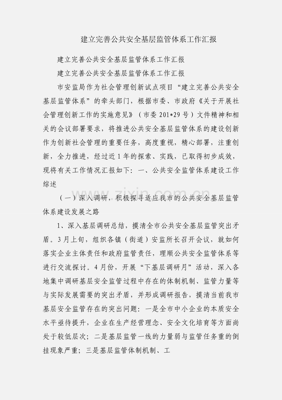 建立完善公共安全基层监管体系工作汇报.docx_第1页