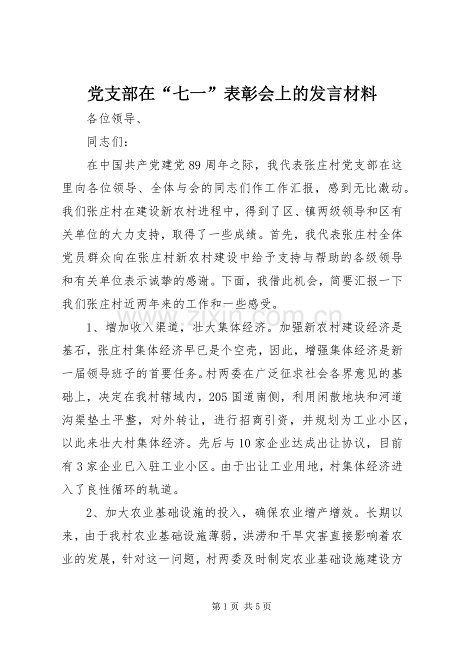 党支部在“七一”表彰会上的发言材料提纲_1.docx_第1页