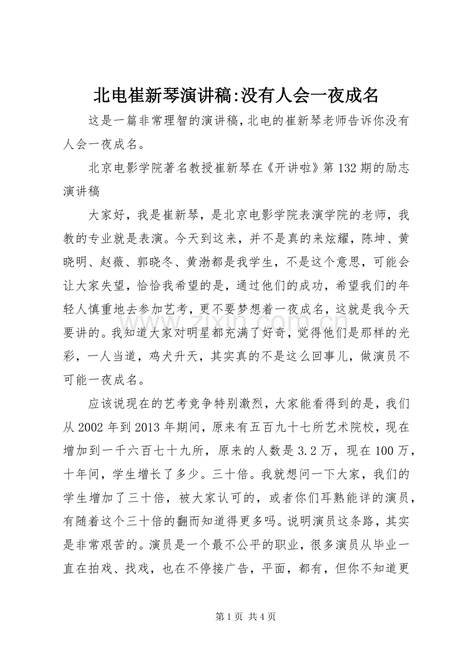 北电崔新琴演讲稿-没有人会一夜成名.docx_第1页