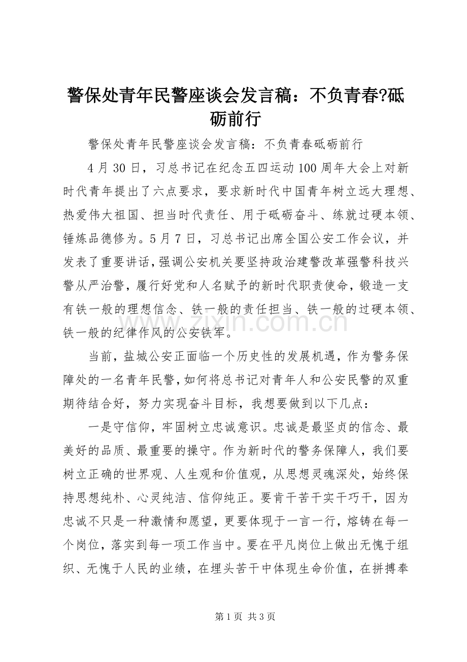 警保处青年民警座谈会发言稿：不负青春-砥砺前行.docx_第1页