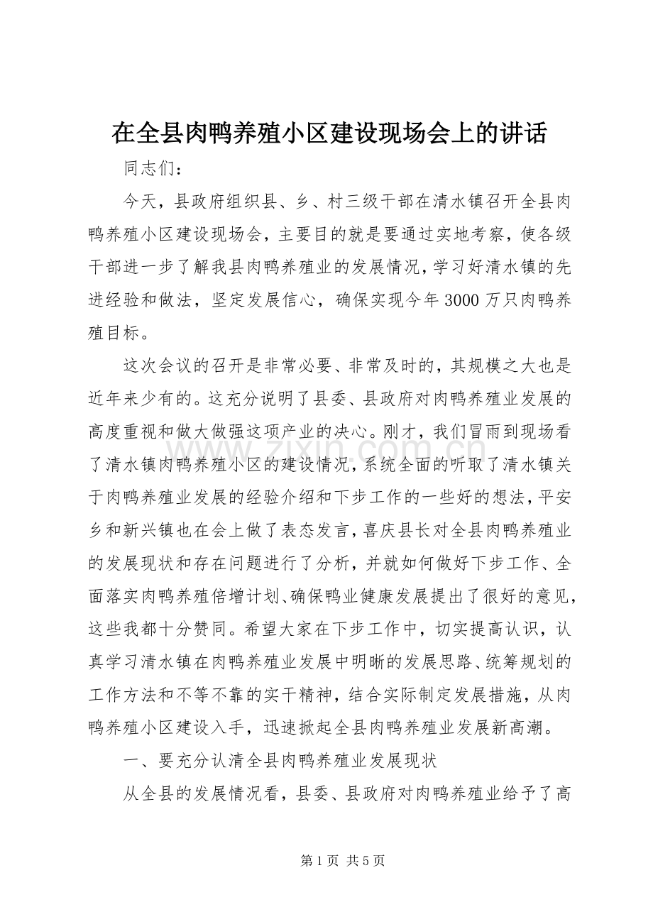 在全县肉鸭养殖小区建设现场会上的讲话.docx_第1页
