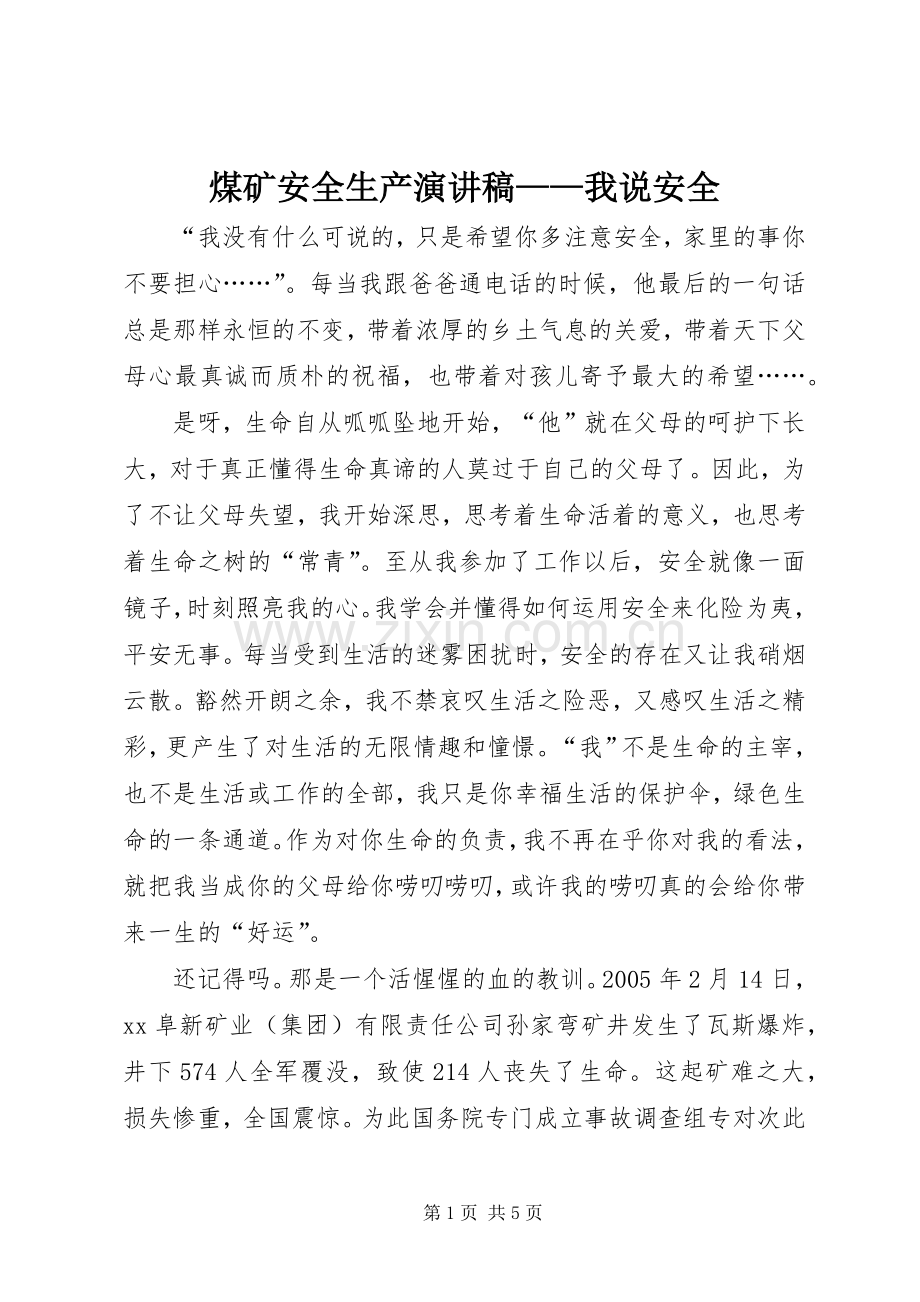 煤矿安全生产演讲稿——我说安全.docx_第1页