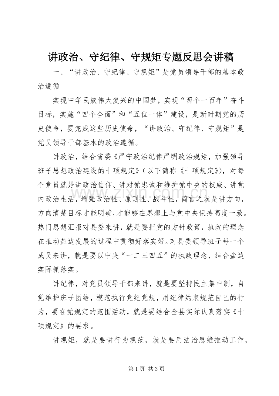 讲政治、守纪律、守规矩专题反思会演讲稿.docx_第1页