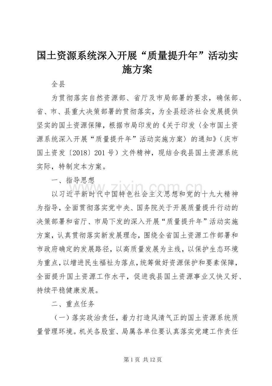 国土资源系统深入开展“质量提升年”活动方案.docx_第1页