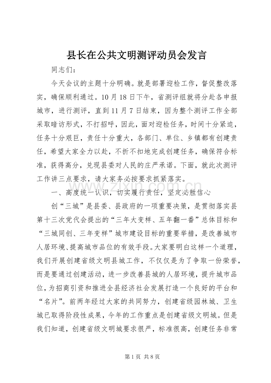 县长在公共文明测评动员会发言.docx_第1页
