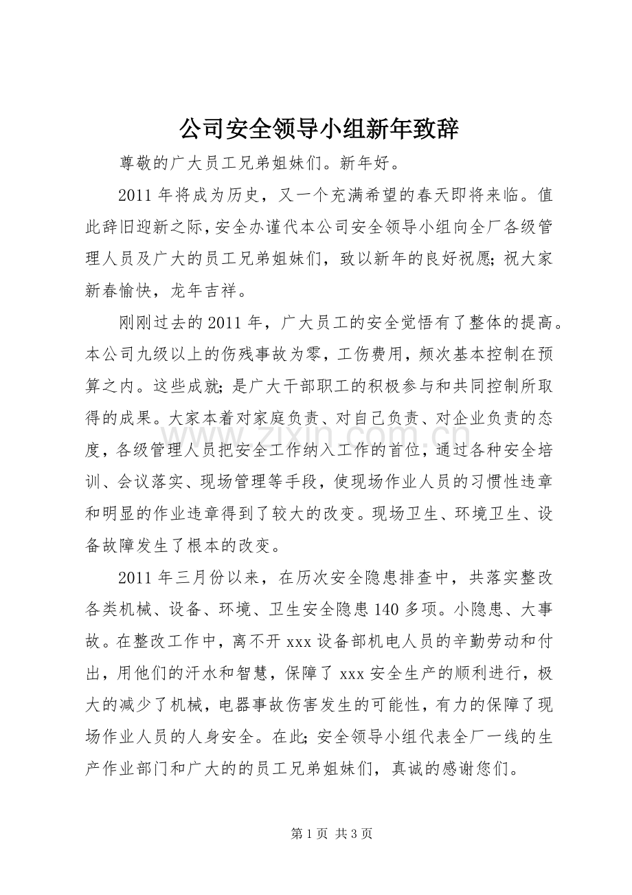 公司安全领导小组新年致辞.docx_第1页