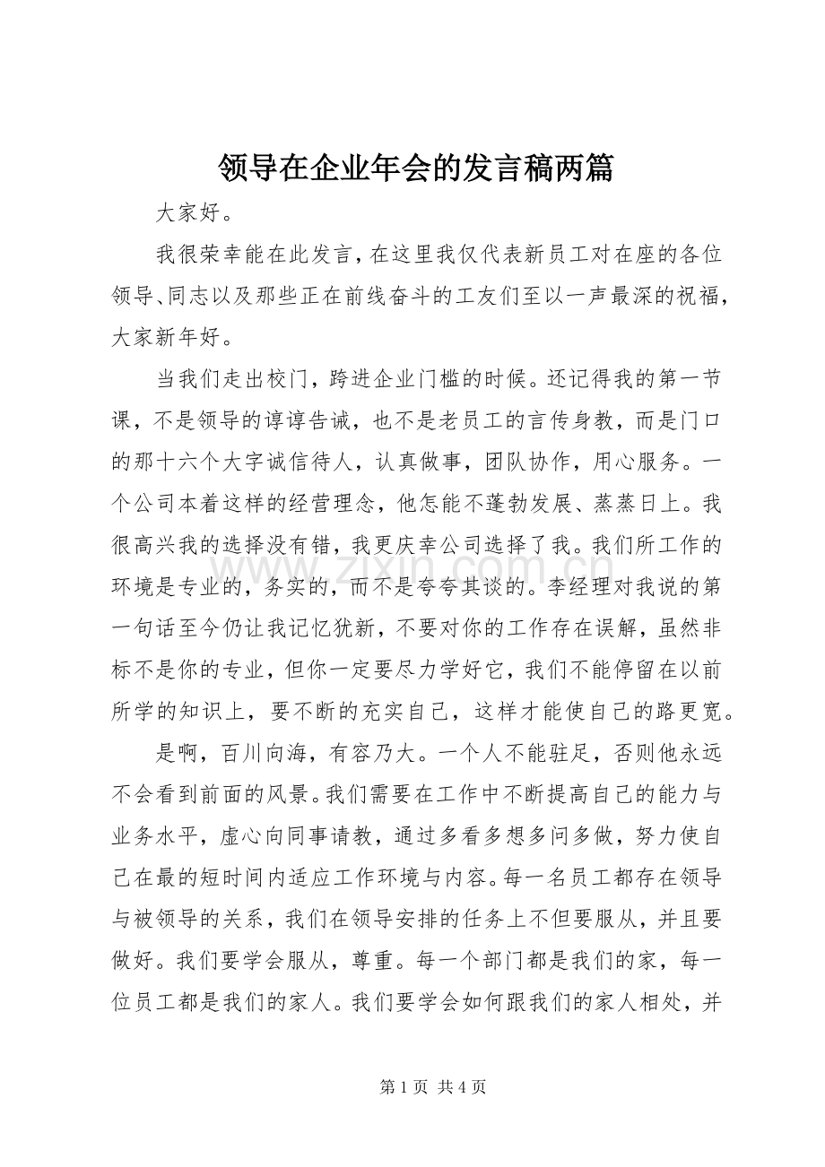 领导在企业年会的发言两篇.docx_第1页