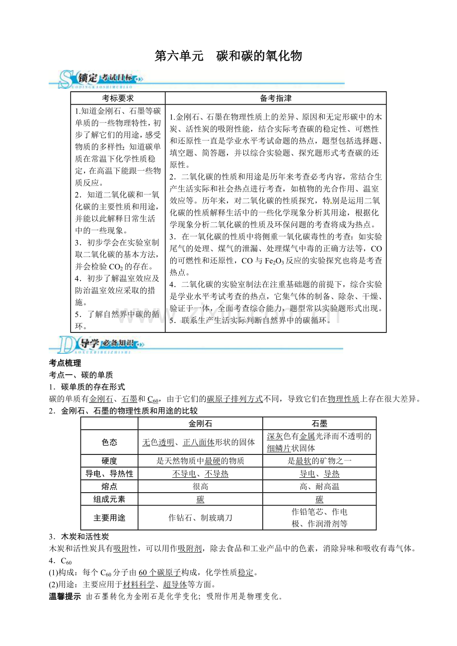 2017版中考化学总复习(人教版)精讲精练：第6单元-碳和碳的氧化物.doc_第1页