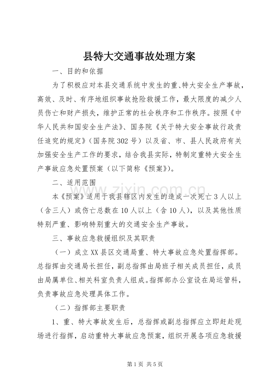 县特大交通事故处理实施方案.docx_第1页