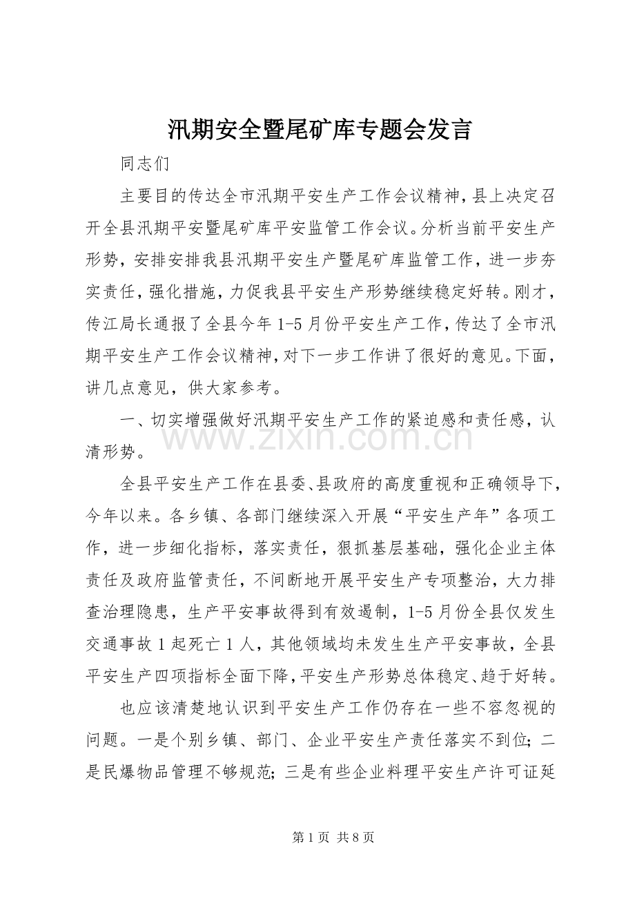 汛期安全暨尾矿库专题会发言.docx_第1页