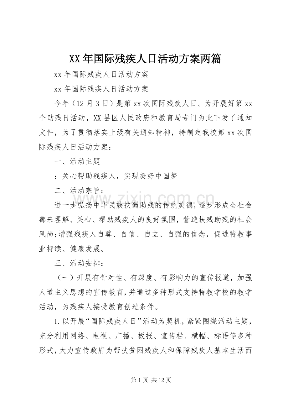 XX年国际残疾人日活动实施方案两篇 .docx_第1页