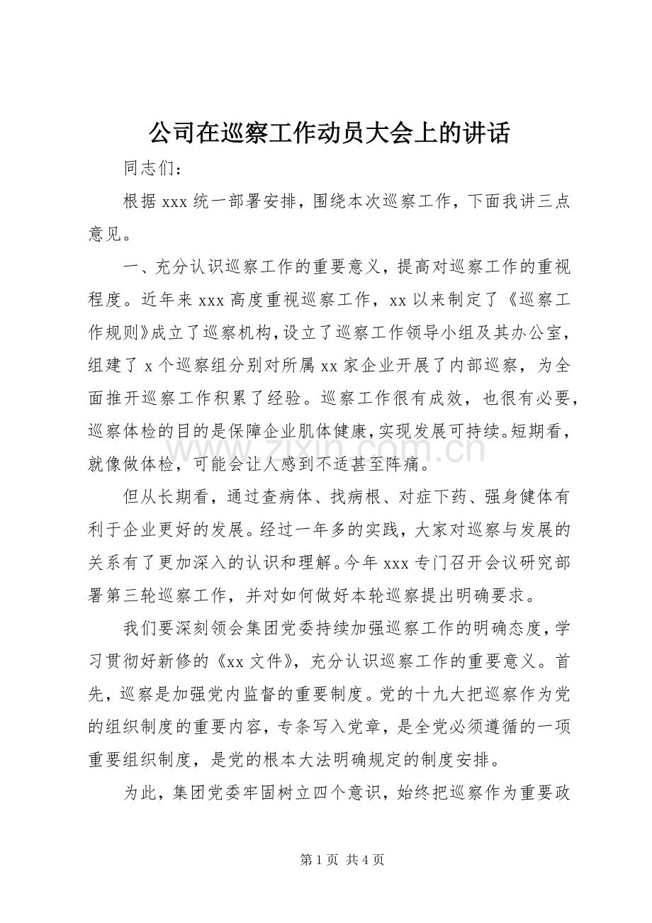 公司在巡察工作动员大会上的讲话.docx_第1页