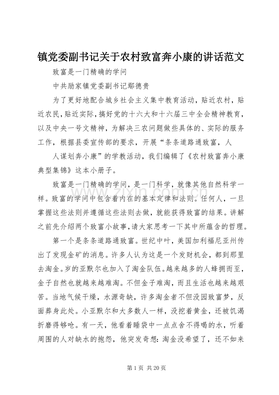 镇党委副书记关于农村致富奔小康的讲话范文.docx_第1页