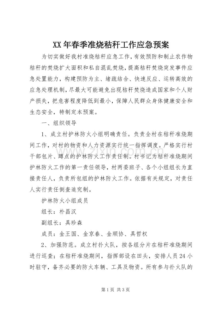 XX年春季准烧秸秆工作应急处理预案.docx_第1页