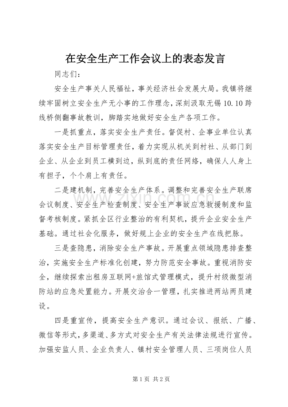 在安全生产工作会议上的表态发言稿.docx_第1页