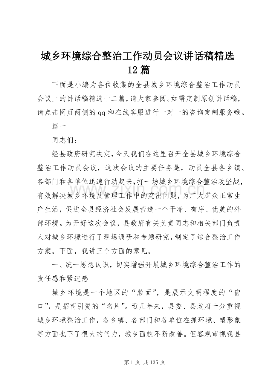 城乡环境综合整治工作动员会议讲话稿12篇.docx_第1页
