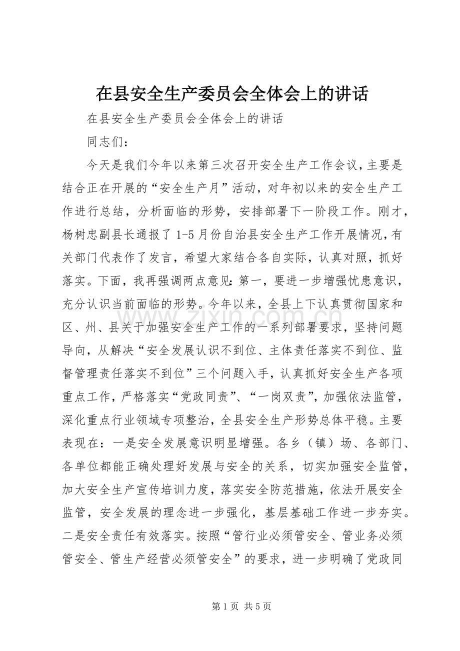 在县安全生产委员会全体会上的讲话.docx_第1页