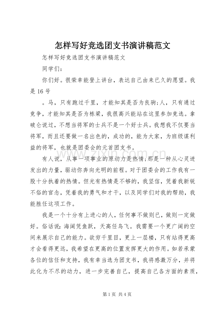怎样写好竞选团支书演讲稿范文.docx_第1页
