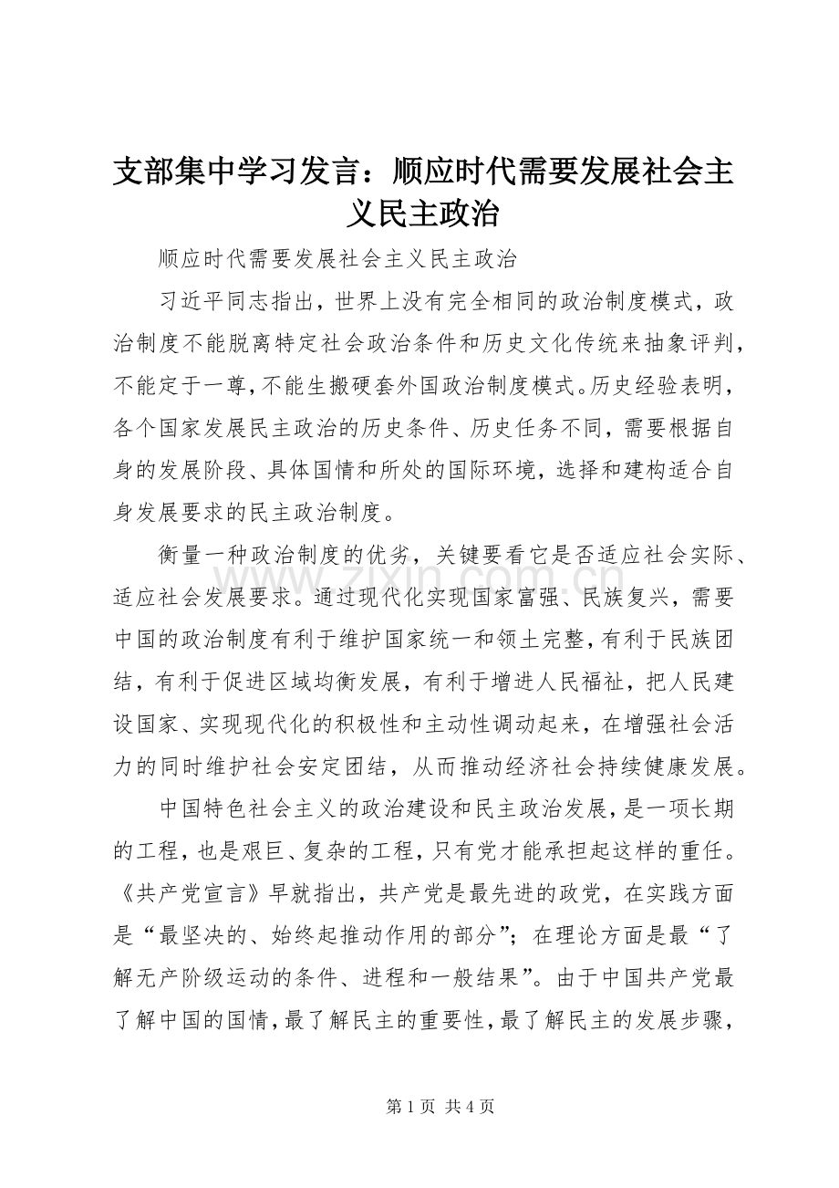 支部集中学习发言稿：顺应时代需要发展社会主义民主政治.docx_第1页