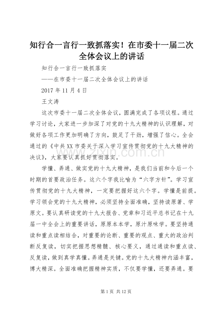 知行合一言行一致抓落实！在市委十一届二次全体会议上的讲话.docx_第1页