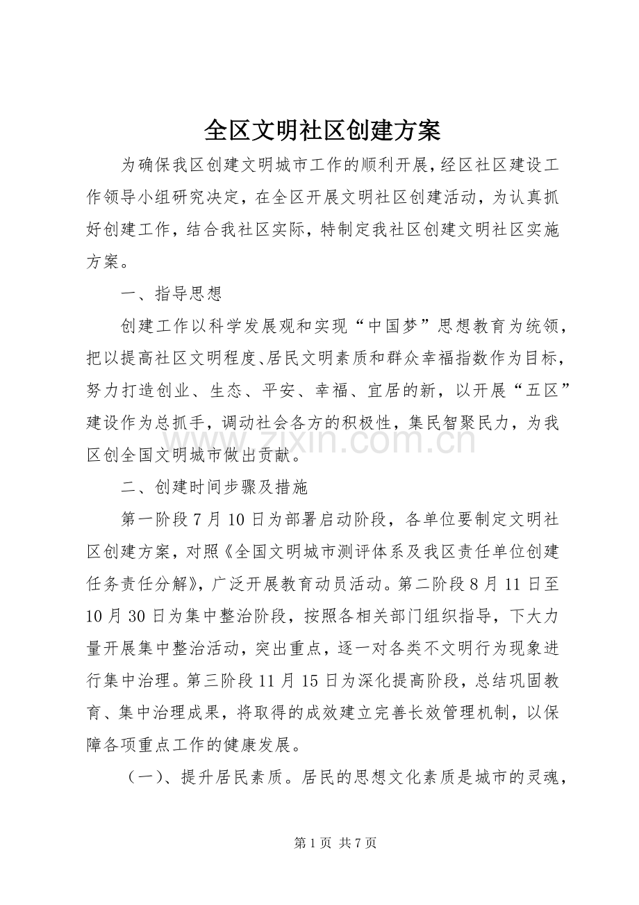 全区文明社区创建实施方案.docx_第1页
