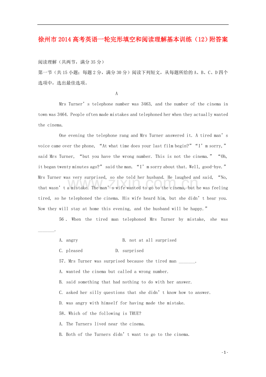 江苏省徐州市2014高考英语一轮-完形填空和阅读理解基本训练(12).doc_第1页