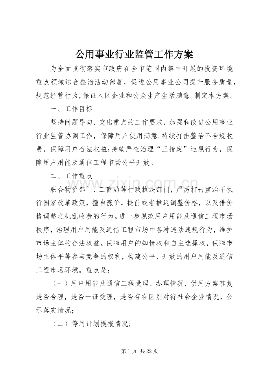 公用事业行业监管工作实施方案.docx_第1页