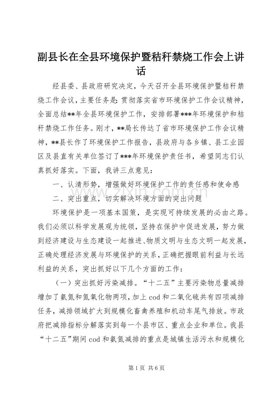 副县长在全县环境保护暨秸秆禁烧工作会上讲话.docx_第1页