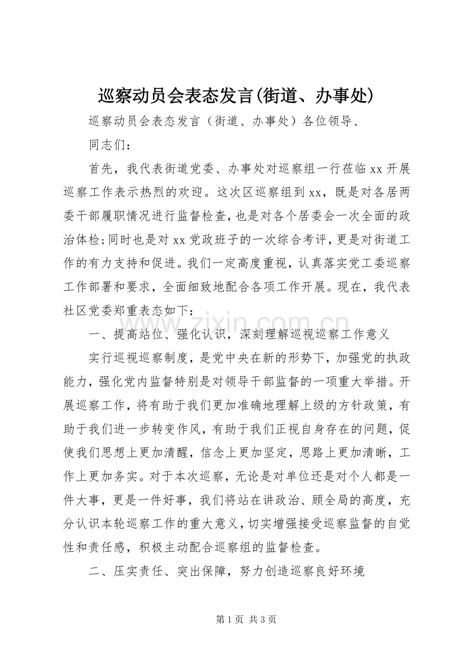 巡察动员会表态发言稿(街道、办事处).docx_第1页